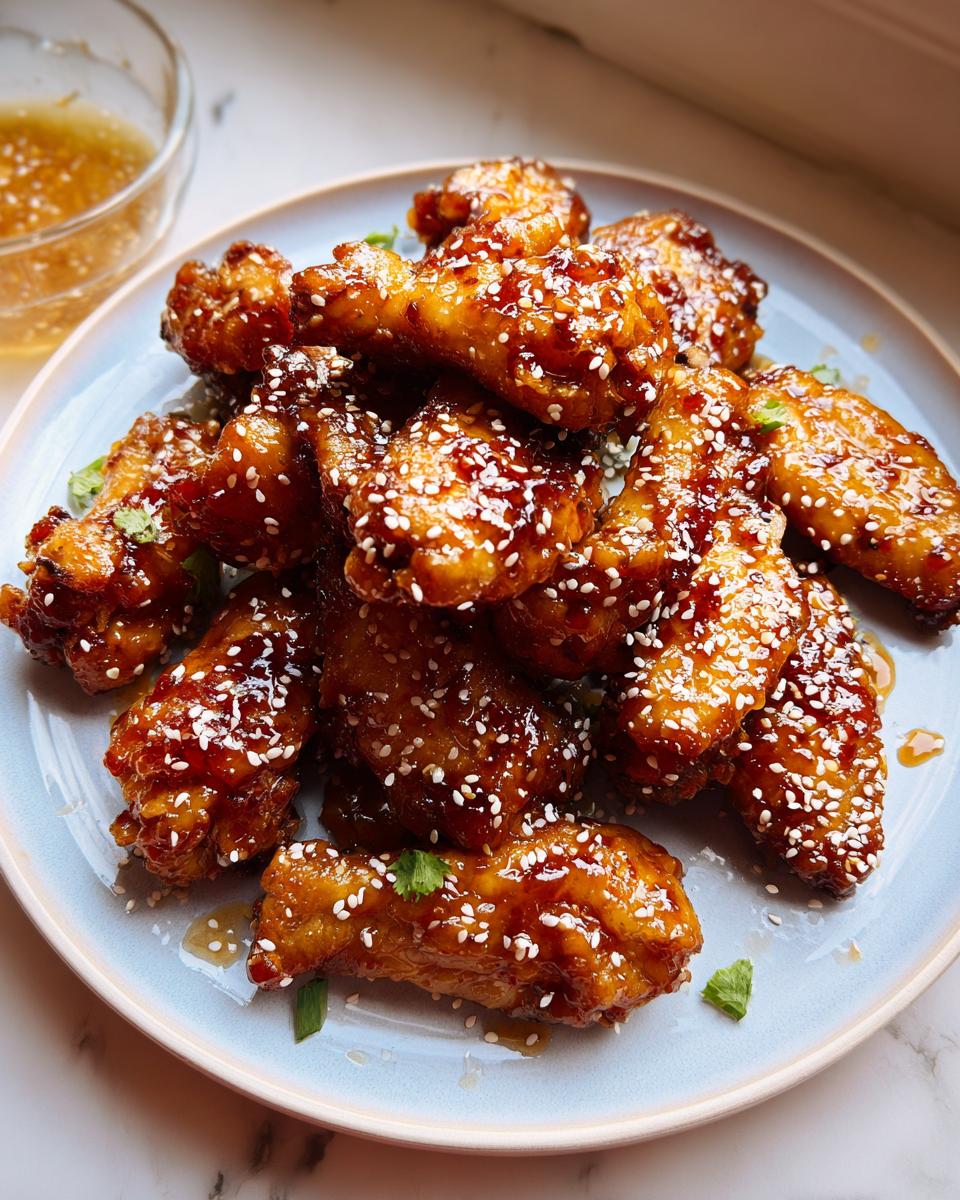 A plate piled high with Honey Garlic Sticky Chicken Wings, coated in a glossy sauce and sprinkled heavily with sesame seeds.
