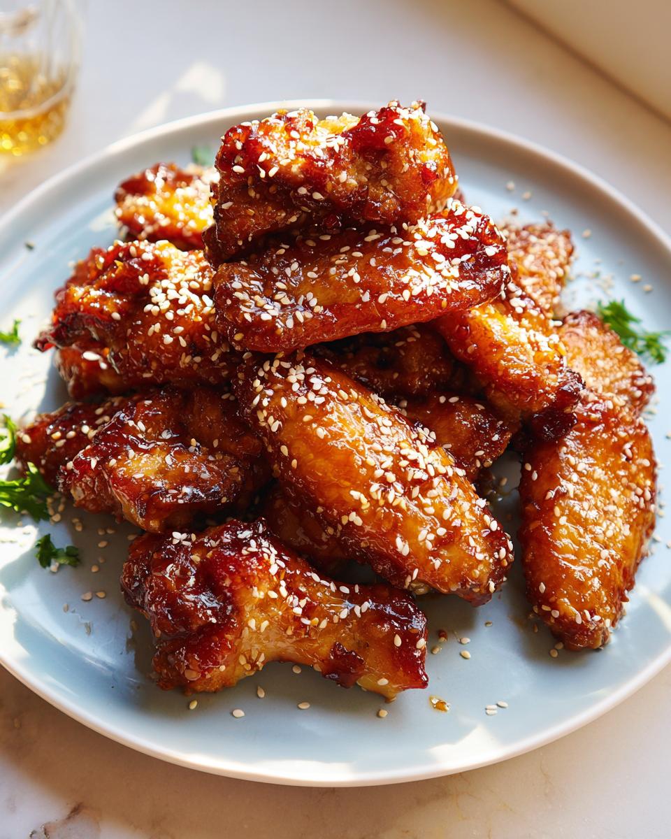 A pile of glossy Honey Garlic Sticky Chicken Wings coated in sauce and sprinkled with white sesame seeds on a light blue plate.