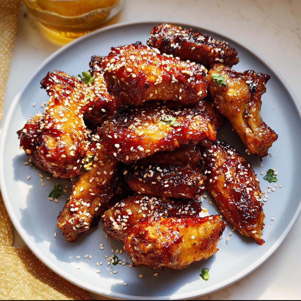 A pile of glossy Honey Garlic Sticky Chicken Wings coated in sauce and topped with sesame seeds.