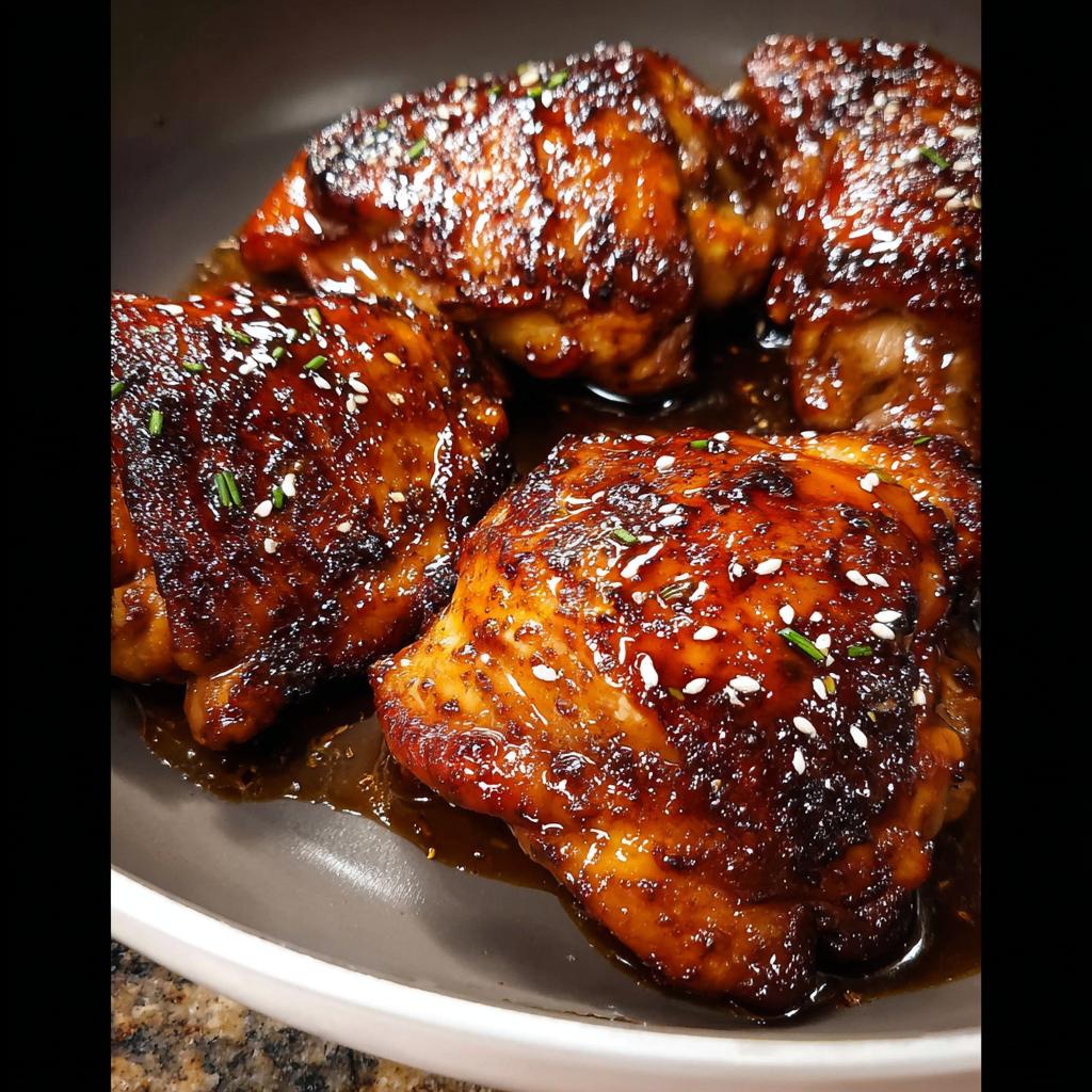 Close-up of four glistening Honey Soy Glazed Chicken Thighs covered in dark sauce and sprinkled with sesame seeds.