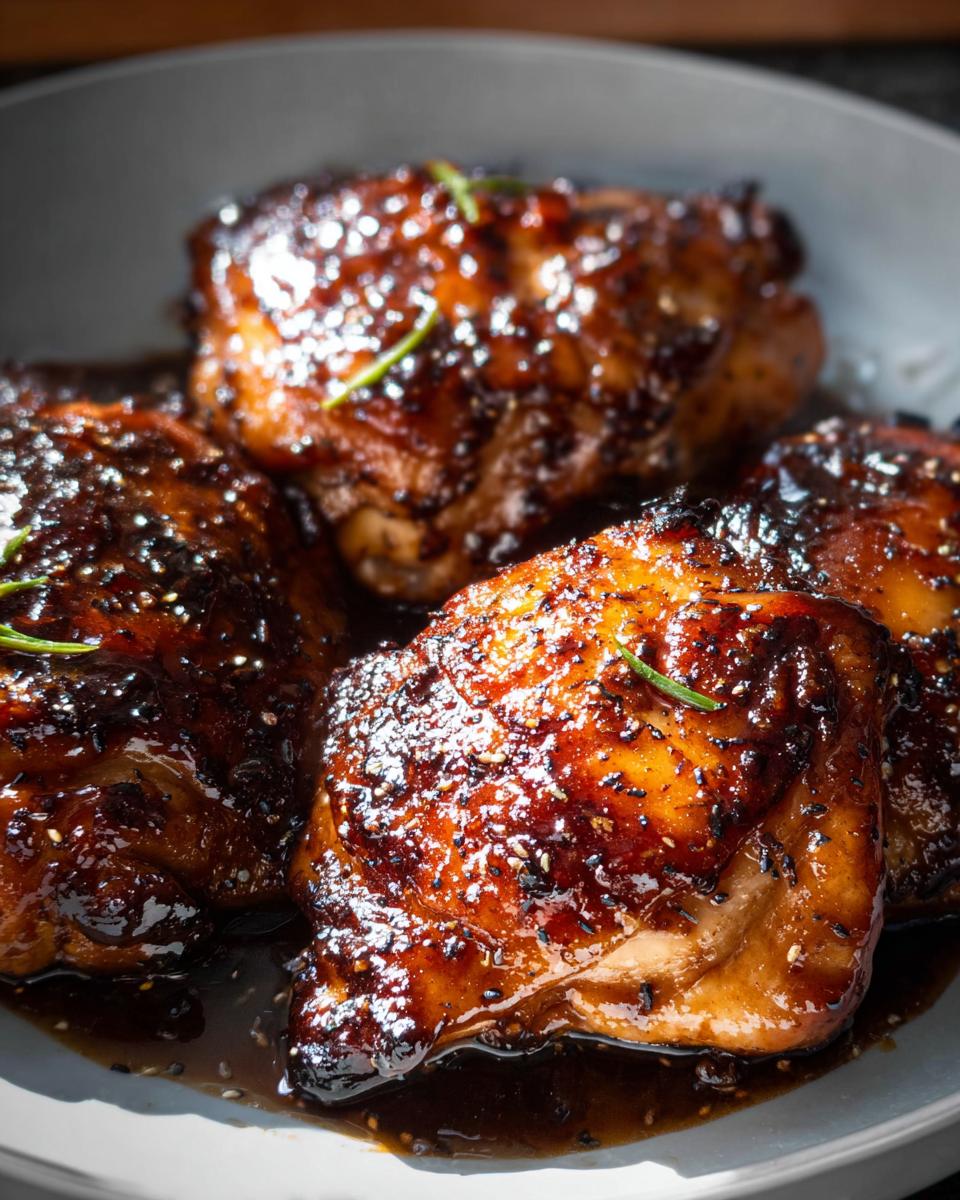Close-up of four glistening Honey Soy Glazed Chicken Thighs covered in a thick, dark sauce and sesame seeds.