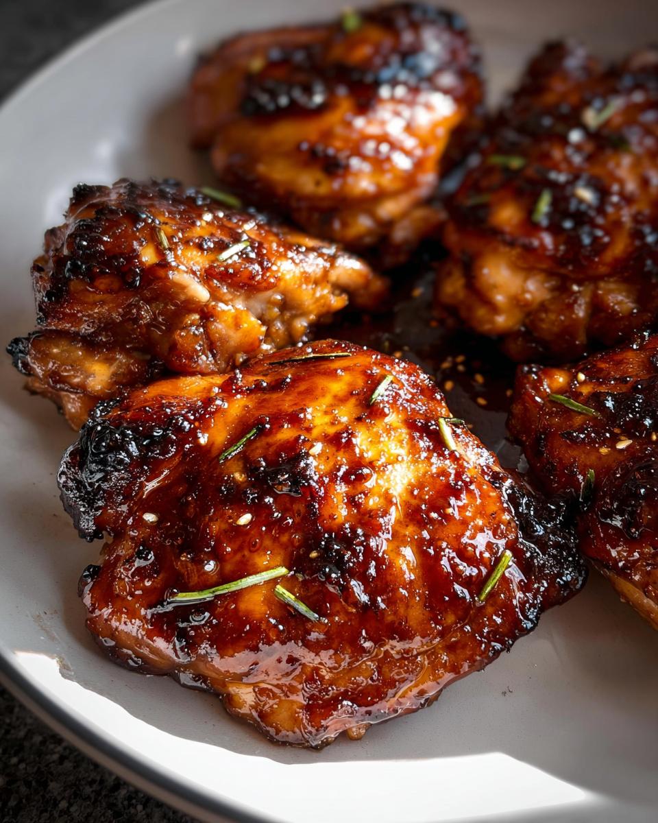 Close-up of several glistening Honey Soy Glazed Chicken Thighs, topped with herbs.