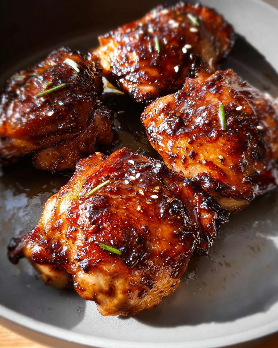 Four perfectly cooked Honey Soy Glazed Chicken Thighs covered in a rich, dark glaze and sprinkled with sesame seeds.
