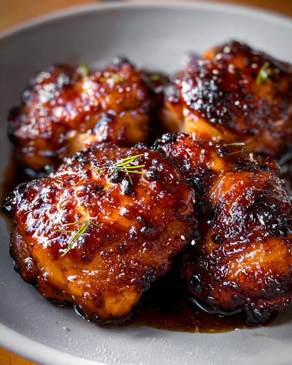 Four pieces of Honey Soy Glazed Chicken Thighs, deeply caramelized and glossy, served in a shallow grey bowl.