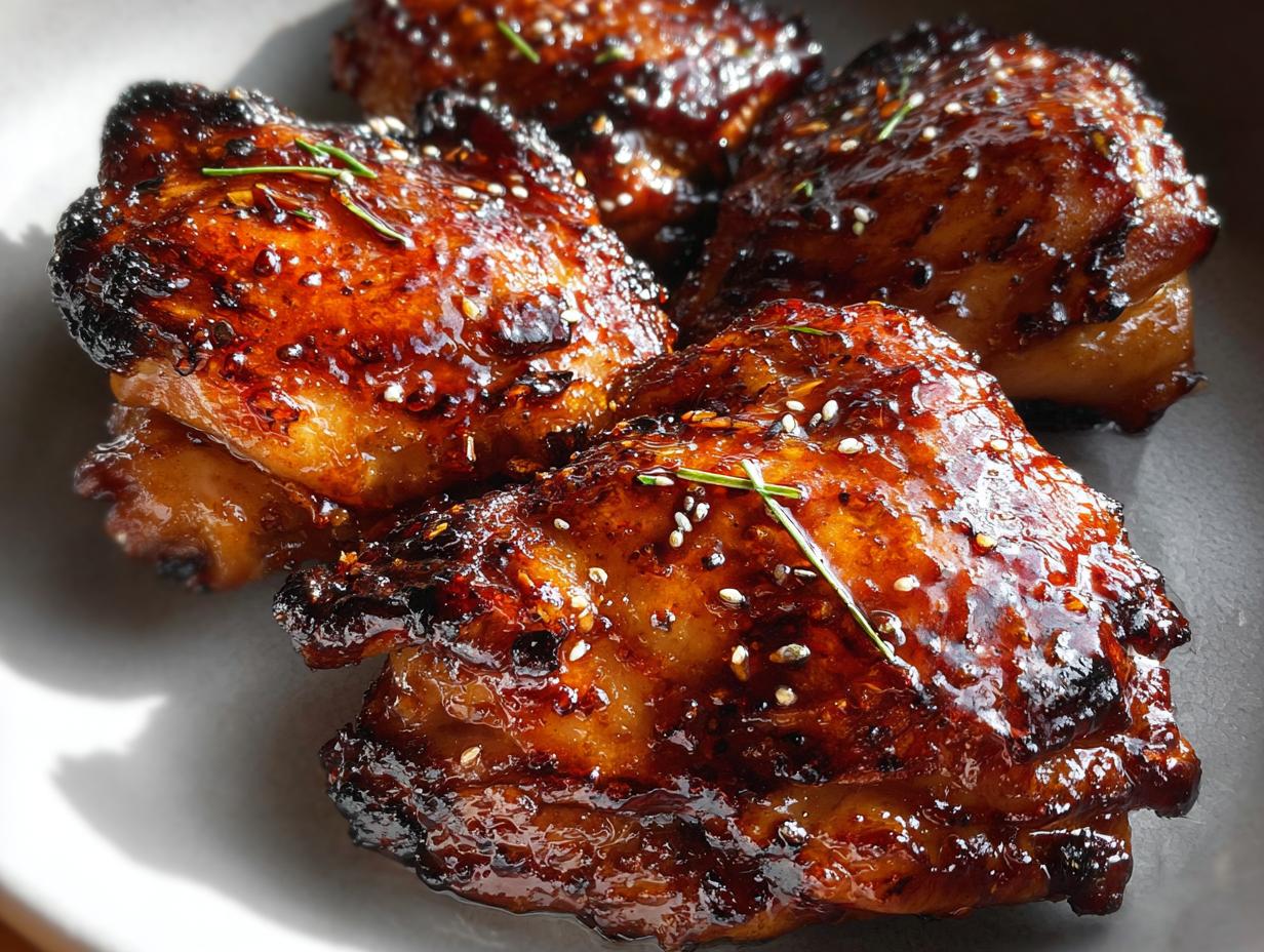 Close-up of four glossy Honey Soy Glazed Chicken Thighs sprinkled with sesame seeds and herbs.