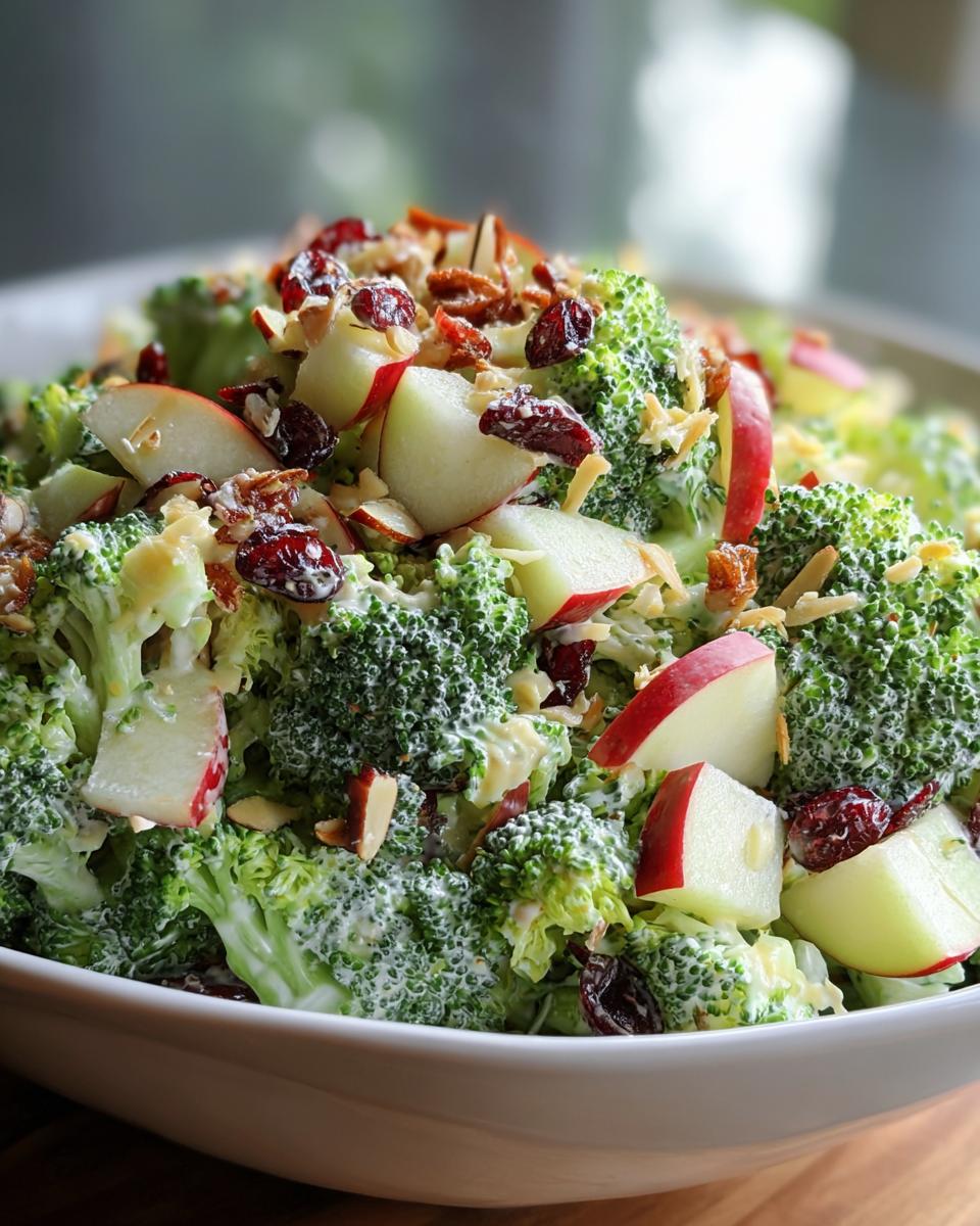 Close-up of creamy Honeycrisp Apple Broccoli Salad featuring broccoli florets, red apple chunks, dried cranberries, and nuts.