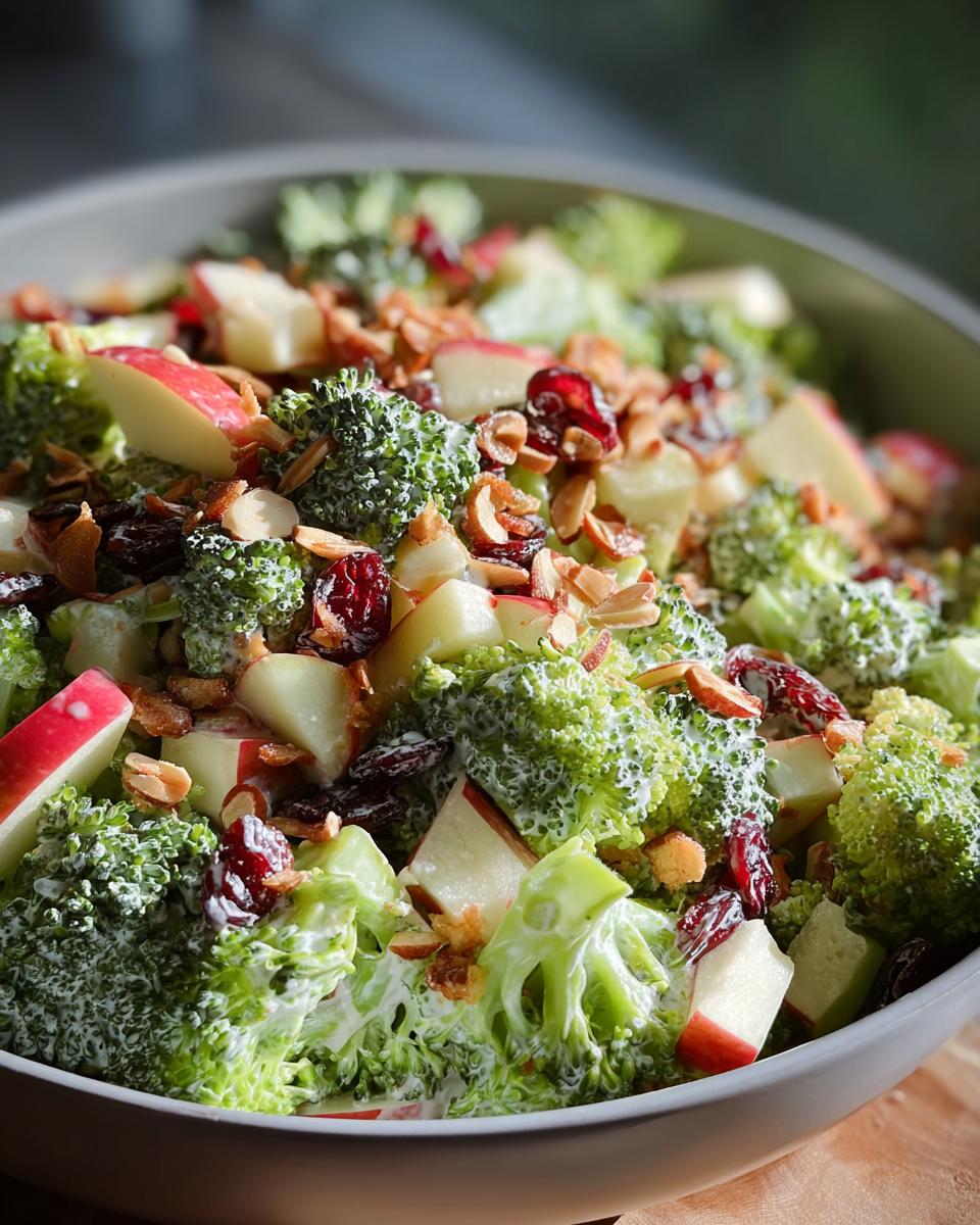 Close-up of a creamy Honeycrisp Apple Broccoli Salad featuring bright green florets, red apple chunks, dried cranberries, and slivered nuts.