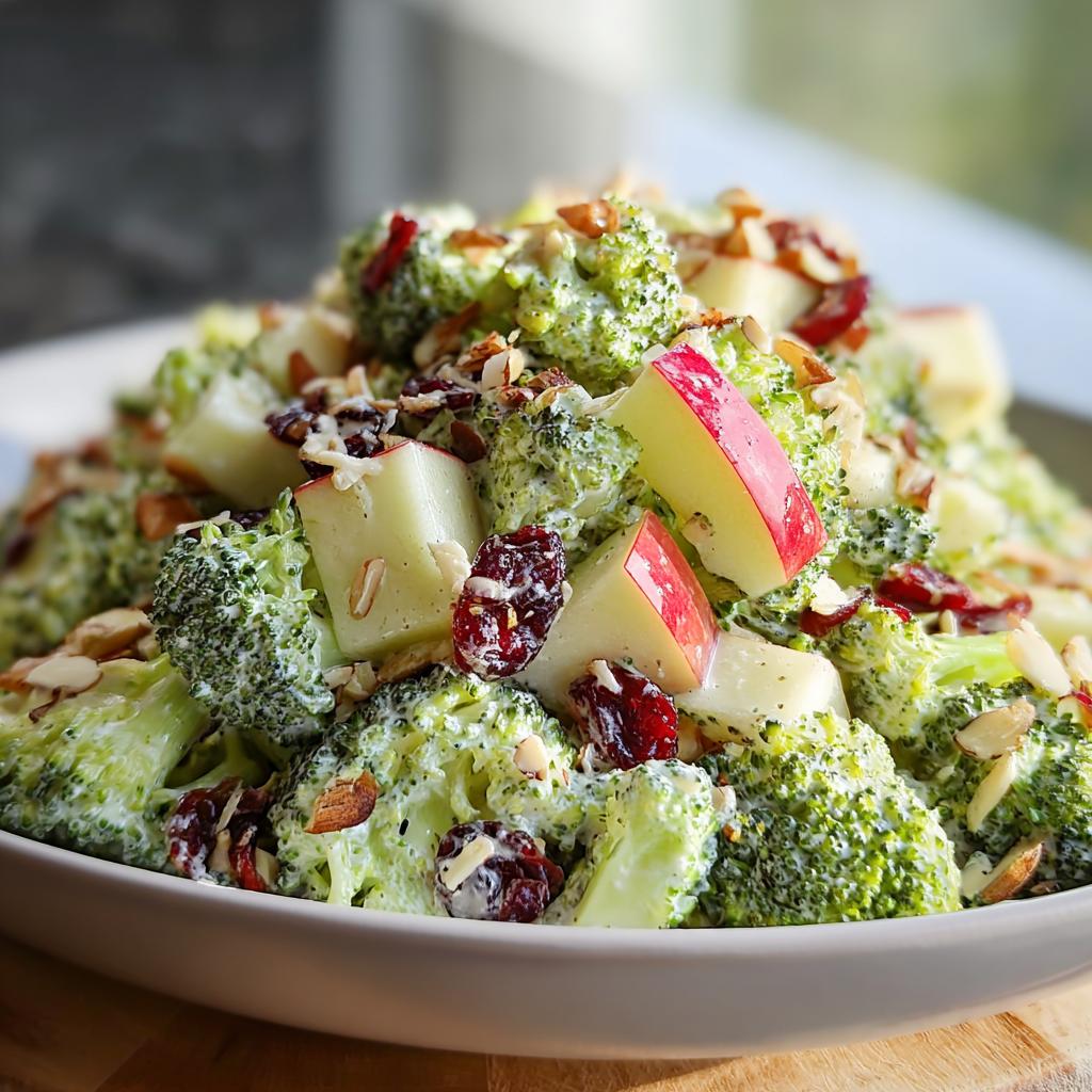 A creamy Honeycrisp Apple Broccoli Salad featuring bright green florets, red apple chunks, dried cranberries, and slivered almonds.