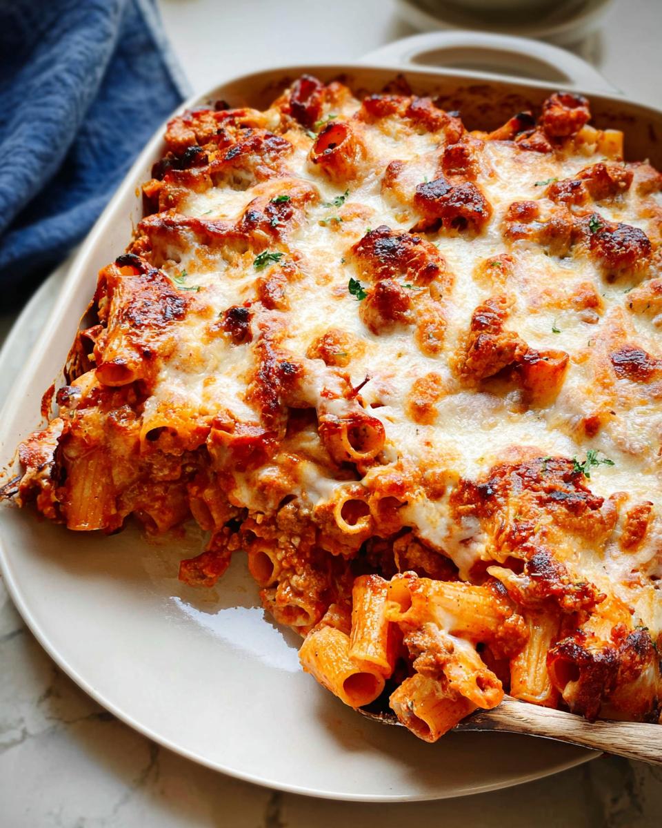 A close-up of a baked Italian Sausage Rigatoni Bake topped with bubbly, browned mozzarella cheese.