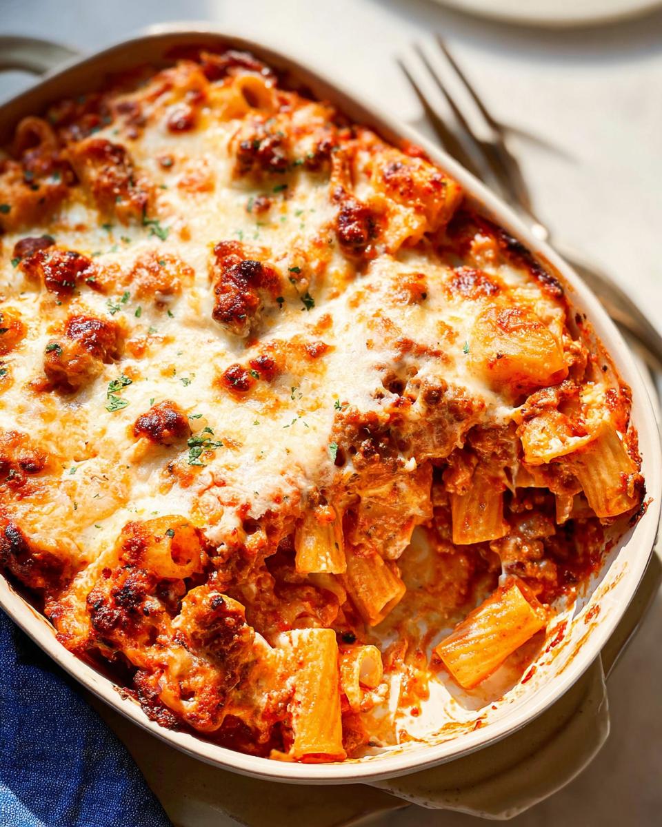 Close-up of a bubbling Italian Sausage Rigatoni Bake topped with melted, browned cheese.