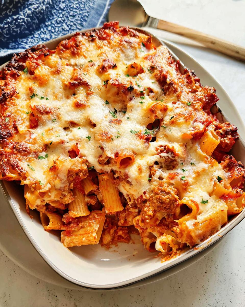 Close-up of a freshly baked Italian Sausage Rigatoni Bake with a bubbly, golden-brown melted cheese topping.