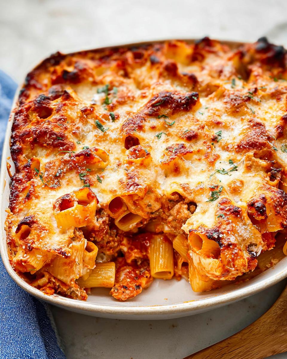 Close-up of a baked Italian Sausage Rigatoni Bake with bubbly, browned cheese topping and visible rigatoni pasta.