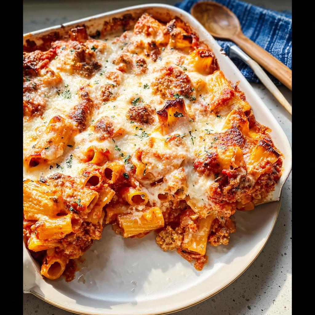 A close-up of a bubbling Italian Sausage Rigatoni Bake topped with melted, browned cheese and parsley.