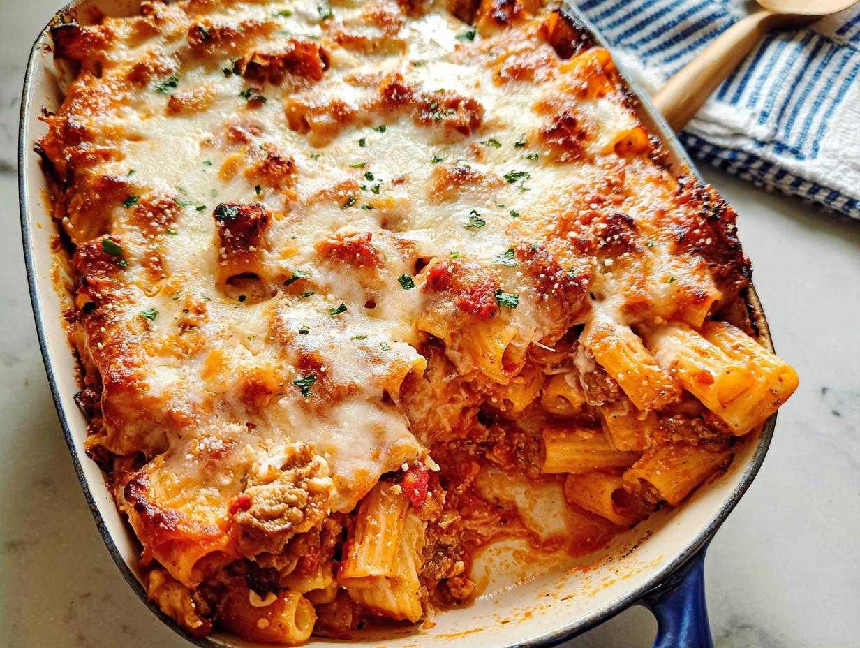 Close-up of a bubbling Italian Sausage Rigatoni Bake topped with golden-brown melted mozzarella and fresh parsley.