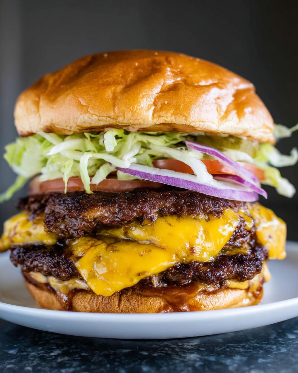 Close-up of a double cheeseburger featuring two crispy, juicy smash burger patties loaded with melted cheese, lettuce, tomato, and onion.