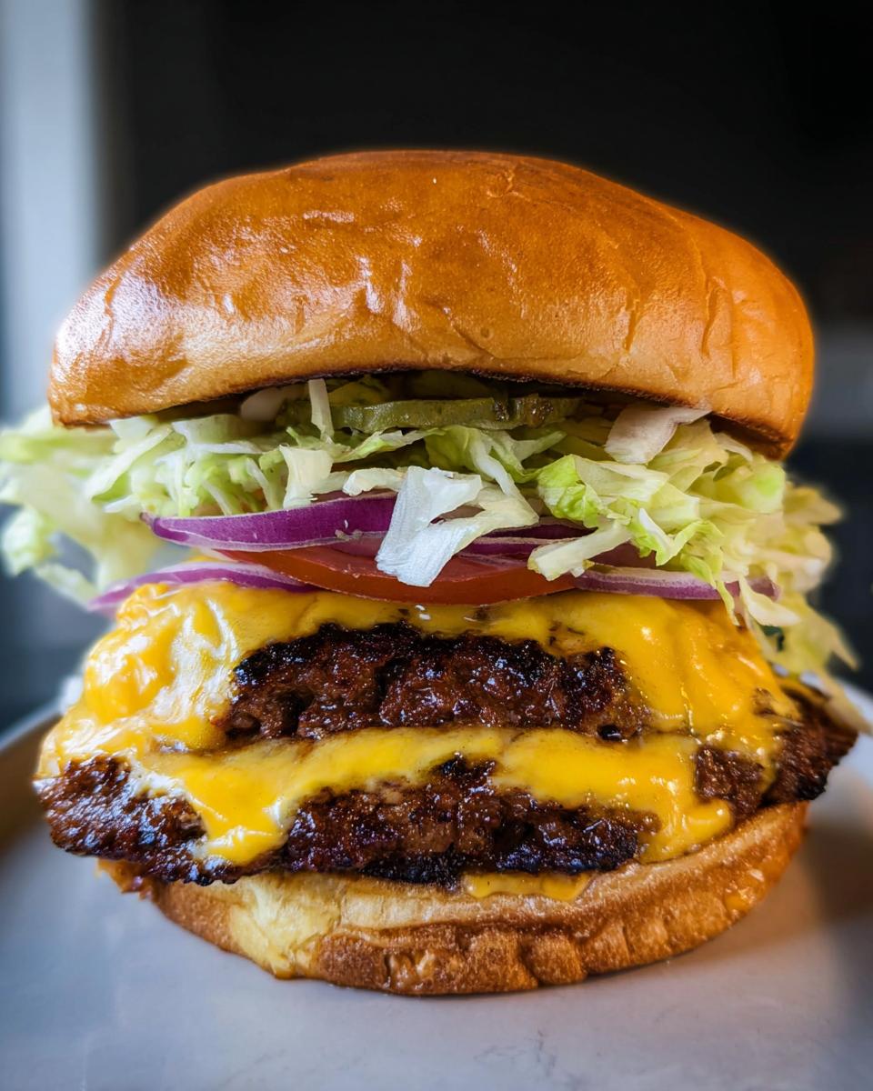 Close-up of a double cheeseburger featuring two crispy, dark Juicy Smash Burger Patties covered in melted cheddar cheese.