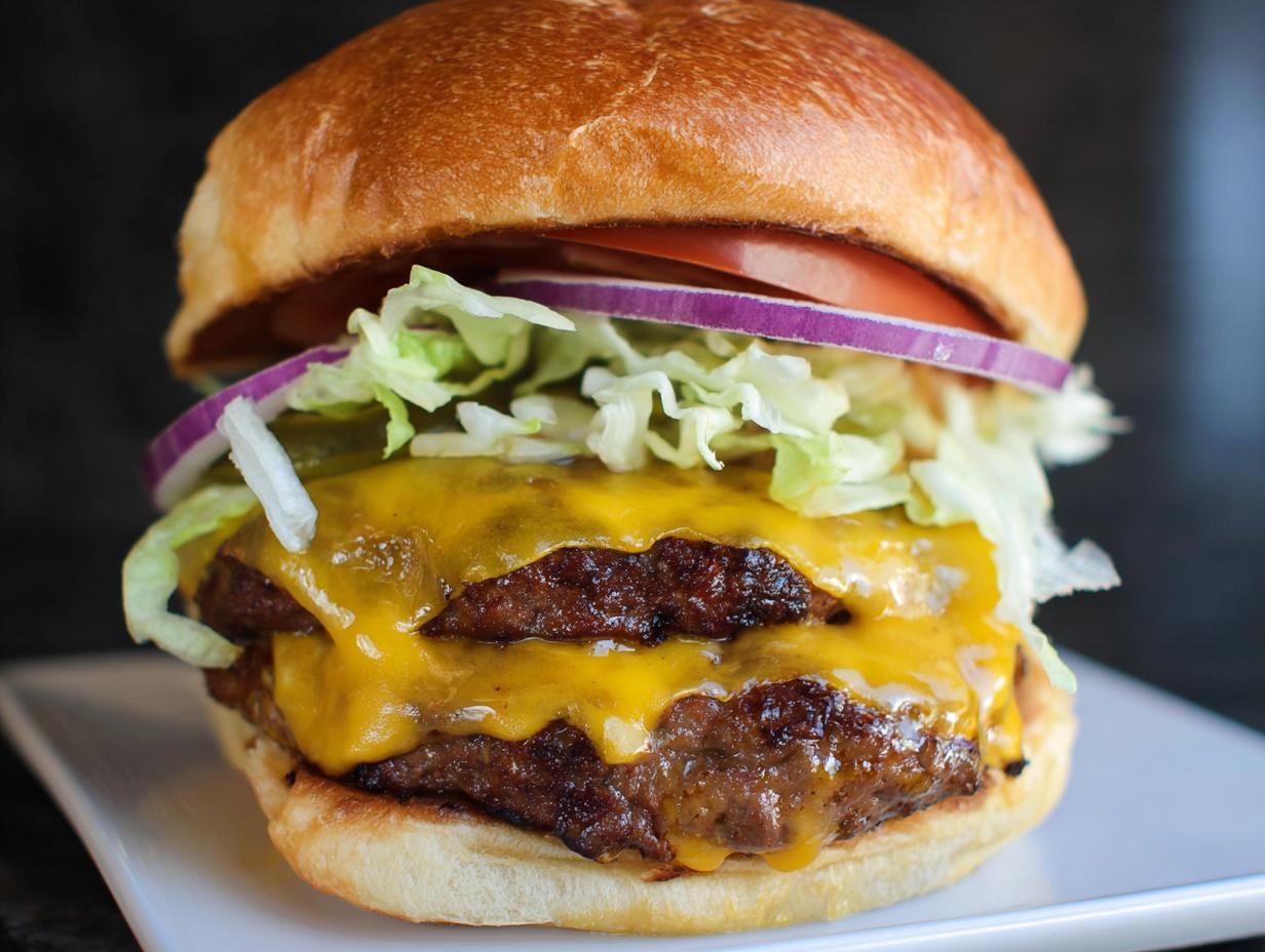 A close-up of a double cheeseburger featuring two perfectly seared Juicy Smash Burger Patties topped with melted American cheese.