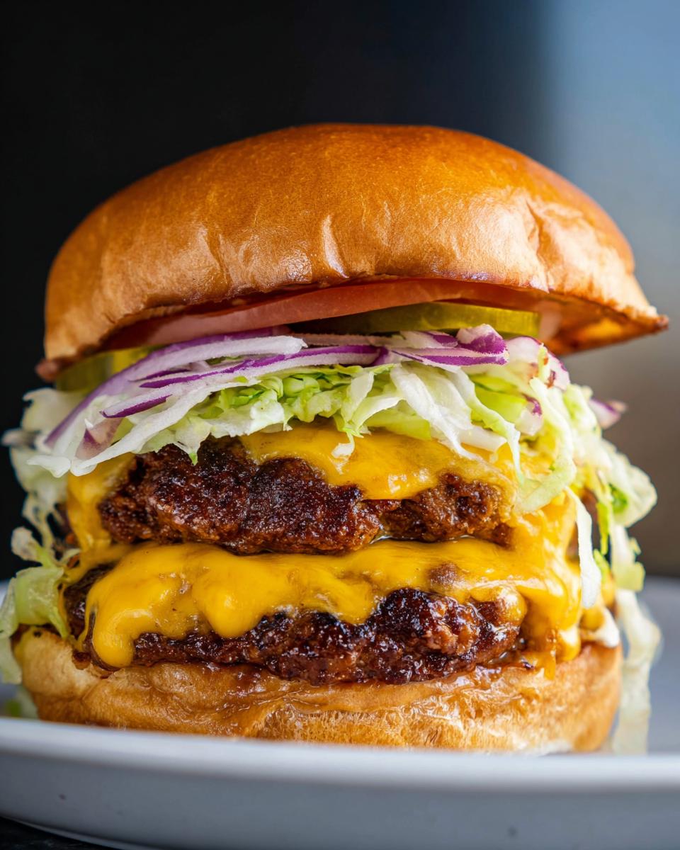 Close-up of a tall double cheeseburger featuring two crispy-edged Juicy Smash Burger Patties covered in melted cheese.
