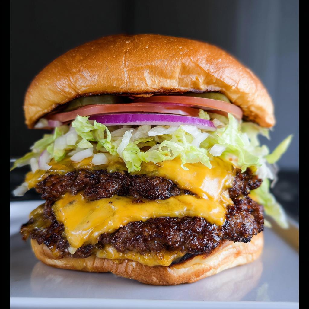 A tall, double cheeseburger featuring two perfectly seared Juicy Smash Burger Patties topped with melted cheese, lettuce, onion, tomato, and pickles.