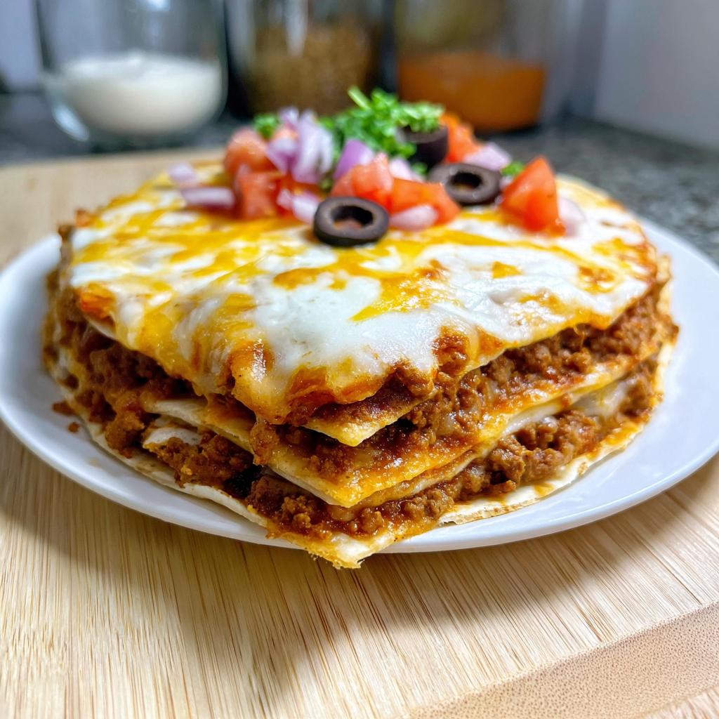 Close-up of a layered Mexican Pizza copycat recipe featuring seasoned ground beef, tortillas, and melted cheese, topped with tomatoes and olives.
