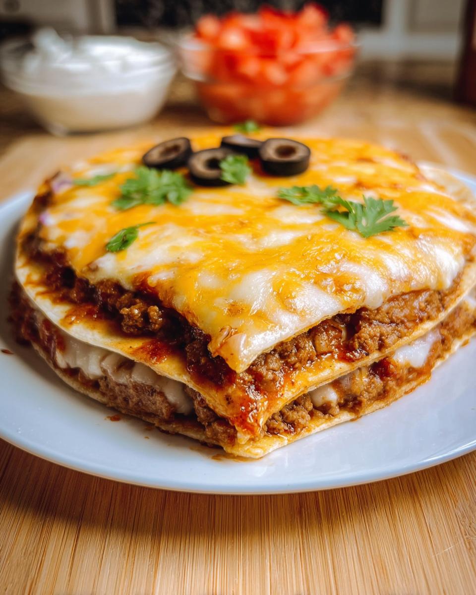 Close-up of a layered Mexican Pizza topped with melted cheese, olives, and cilantro.