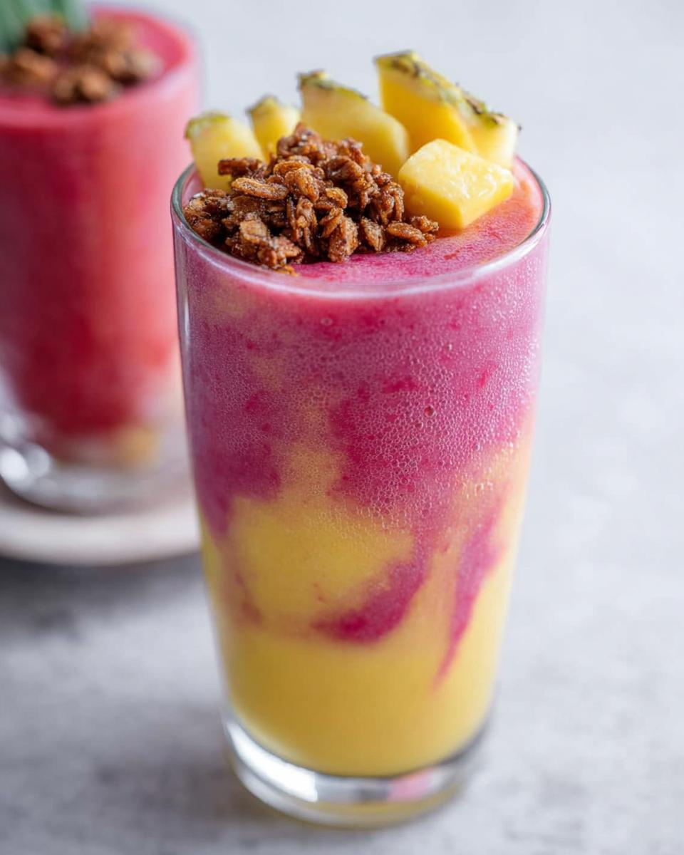 Close-up of a layered yellow and pink breakfast smoothie topped with granola and pineapple chunks.