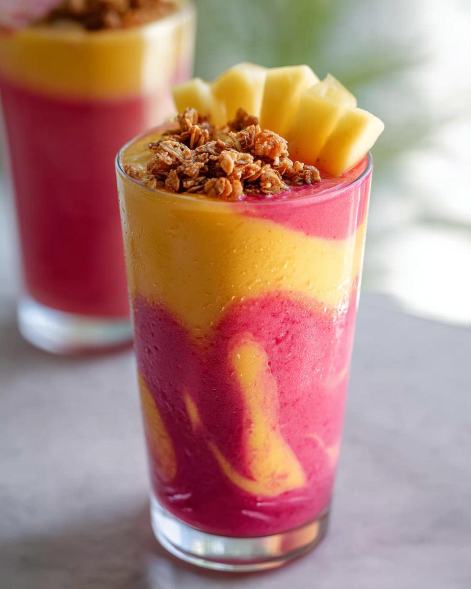 Close-up of a vibrant layered breakfast smoothie recipe with pink and yellow swirls, topped with granola and pineapple chunks.