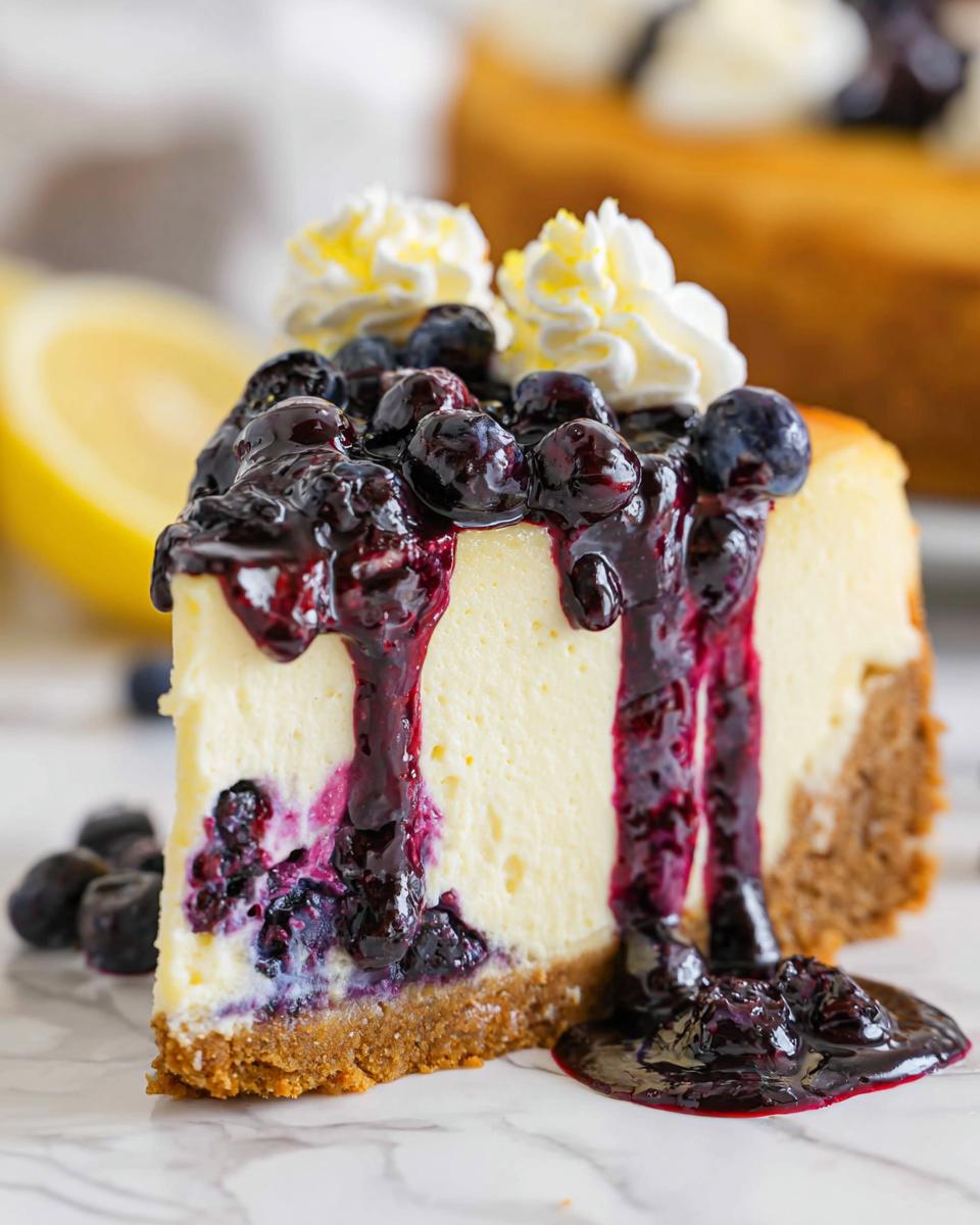 A decadent slice of Lemon Blueberry Cheesecake with Graham Crust topped with blueberry sauce and whipped cream.
