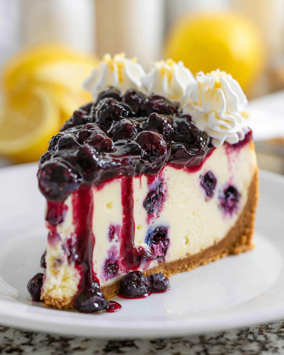 A decadent slice of Lemon Blueberry Cheesecake with Graham Crust, topped with blueberry compote and whipped cream.