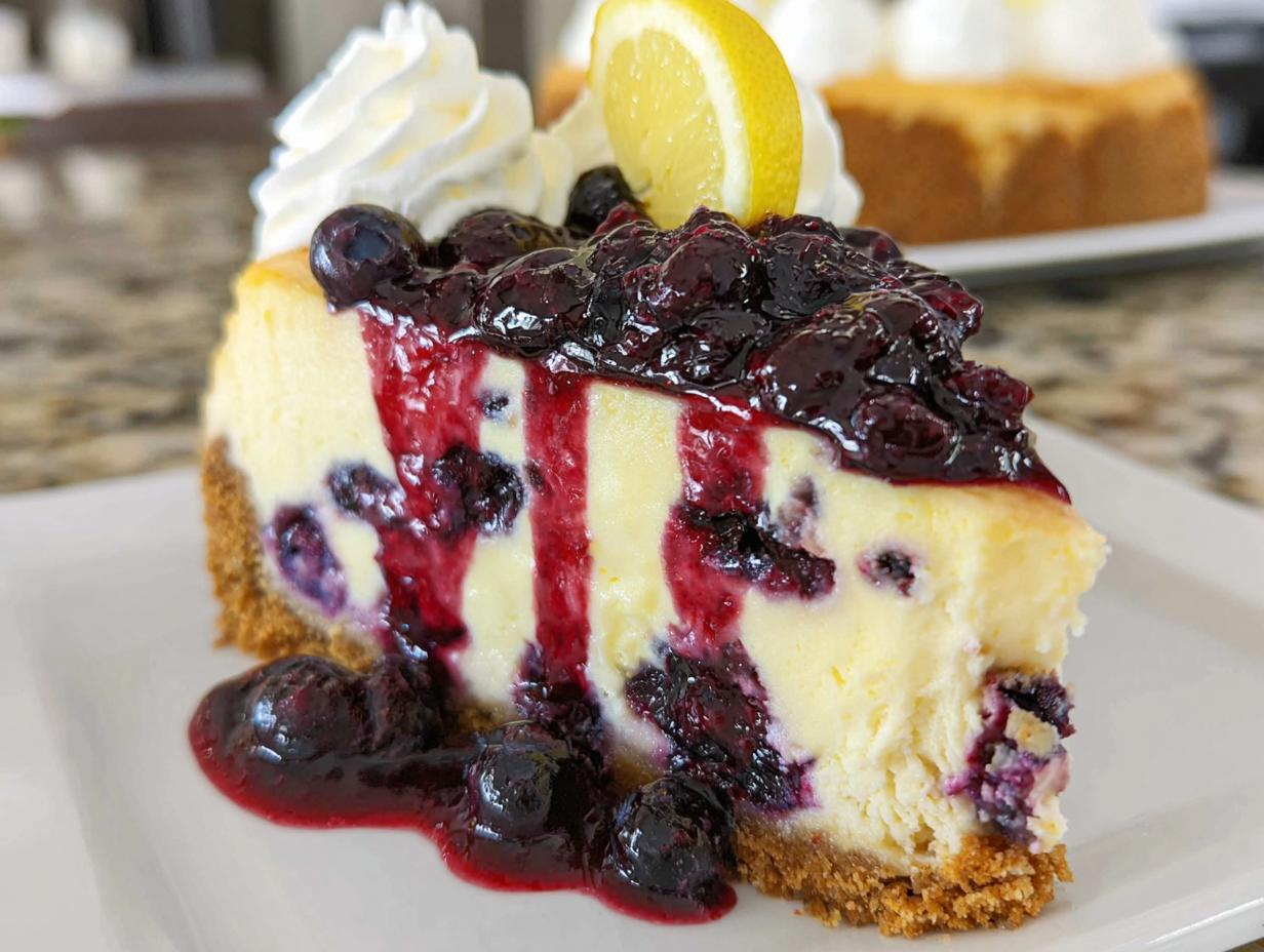 A decadent slice of Lemon Blueberry Cheesecake with Graham Crust topped with blueberry sauce and whipped cream.