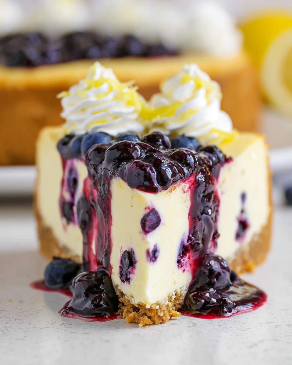 Close-up of a rich slice of Lemon Blueberry Cheesecake with Graham Crust, topped with blueberry sauce and whipped cream.