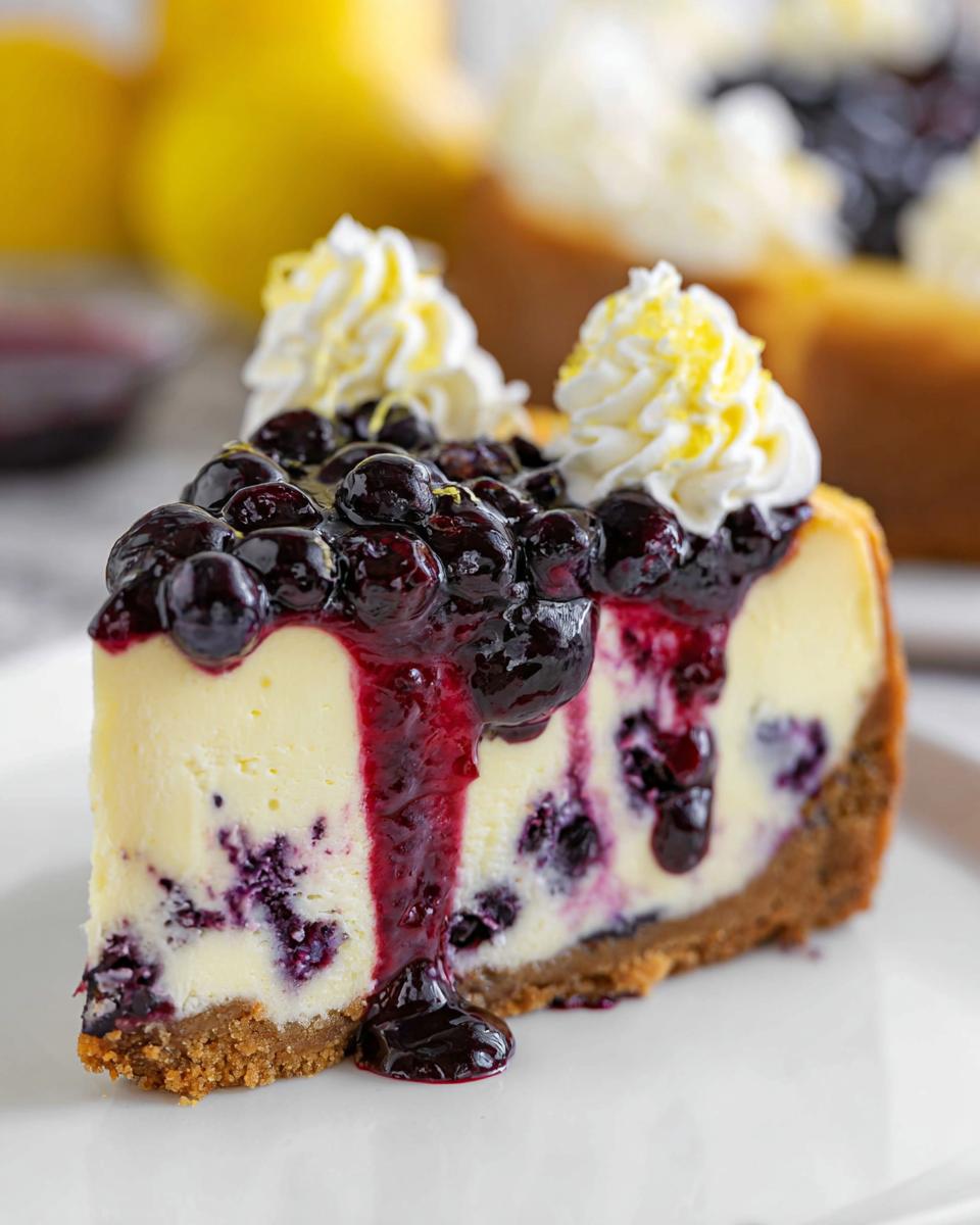 A decadent slice of Lemon Blueberry Cheesecake with a thick graham crust, topped with blueberry compote and whipped cream.