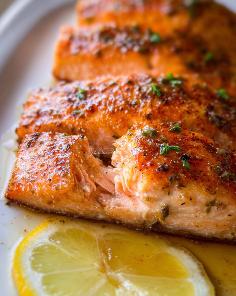 Close-up of perfectly cooked Lemon Butter Pan Seared Salmon fillets garnished with herbs and served with a lemon slice.
