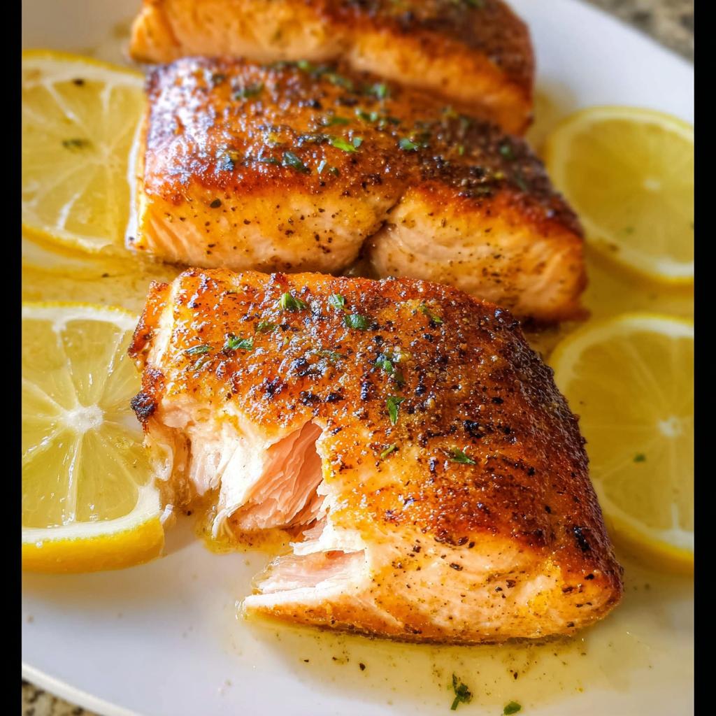 Close-up of perfectly cooked Lemon Butter Pan Seared Salmon fillets garnished with herbs and lemon slices.