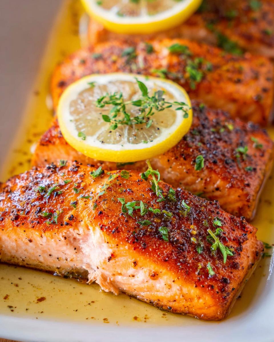 Close-up of perfectly cooked Lemon Butter Pan Seared Salmon fillets garnished with lemon slices and fresh thyme.