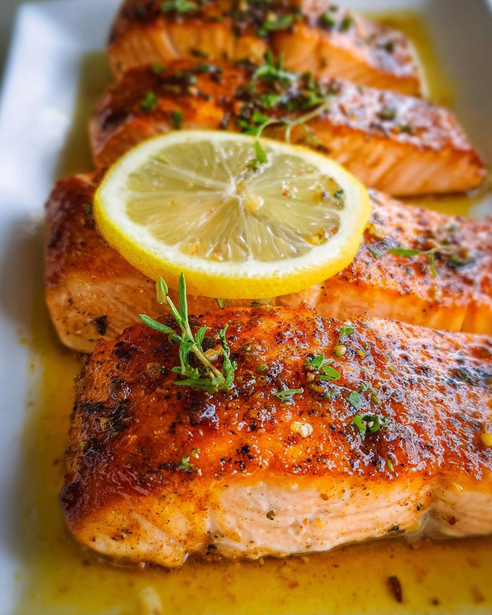Close-up of perfectly cooked Lemon Butter Pan Seared Salmon fillets topped with a lemon slice and fresh herbs.