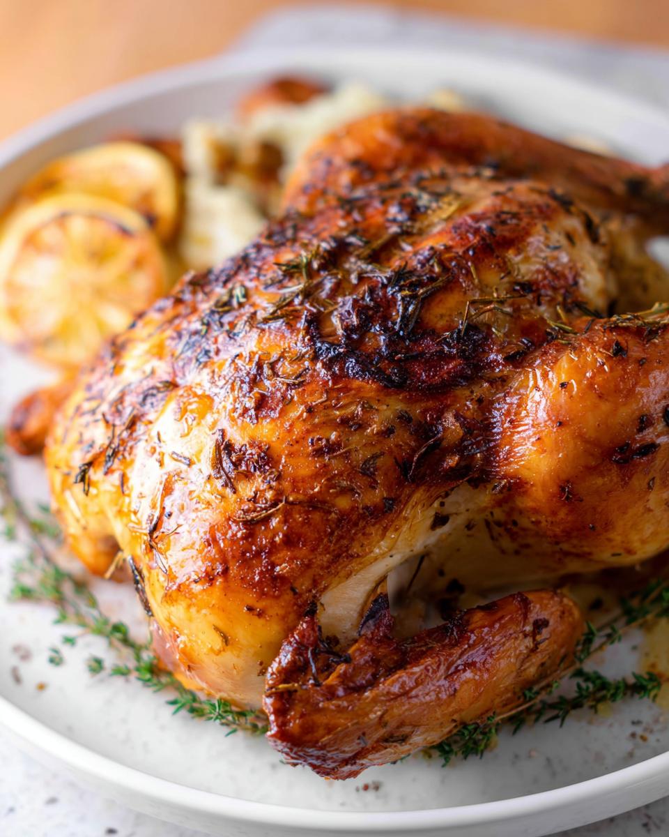 A golden brown, perfectly roasted whole chicken seasoned with herbs, ready to serve.