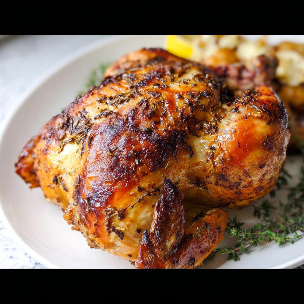 A perfectly roasted Lemon Herb Whole Roasted Chicken with crispy, browned skin and visible herbs, served on a white plate.