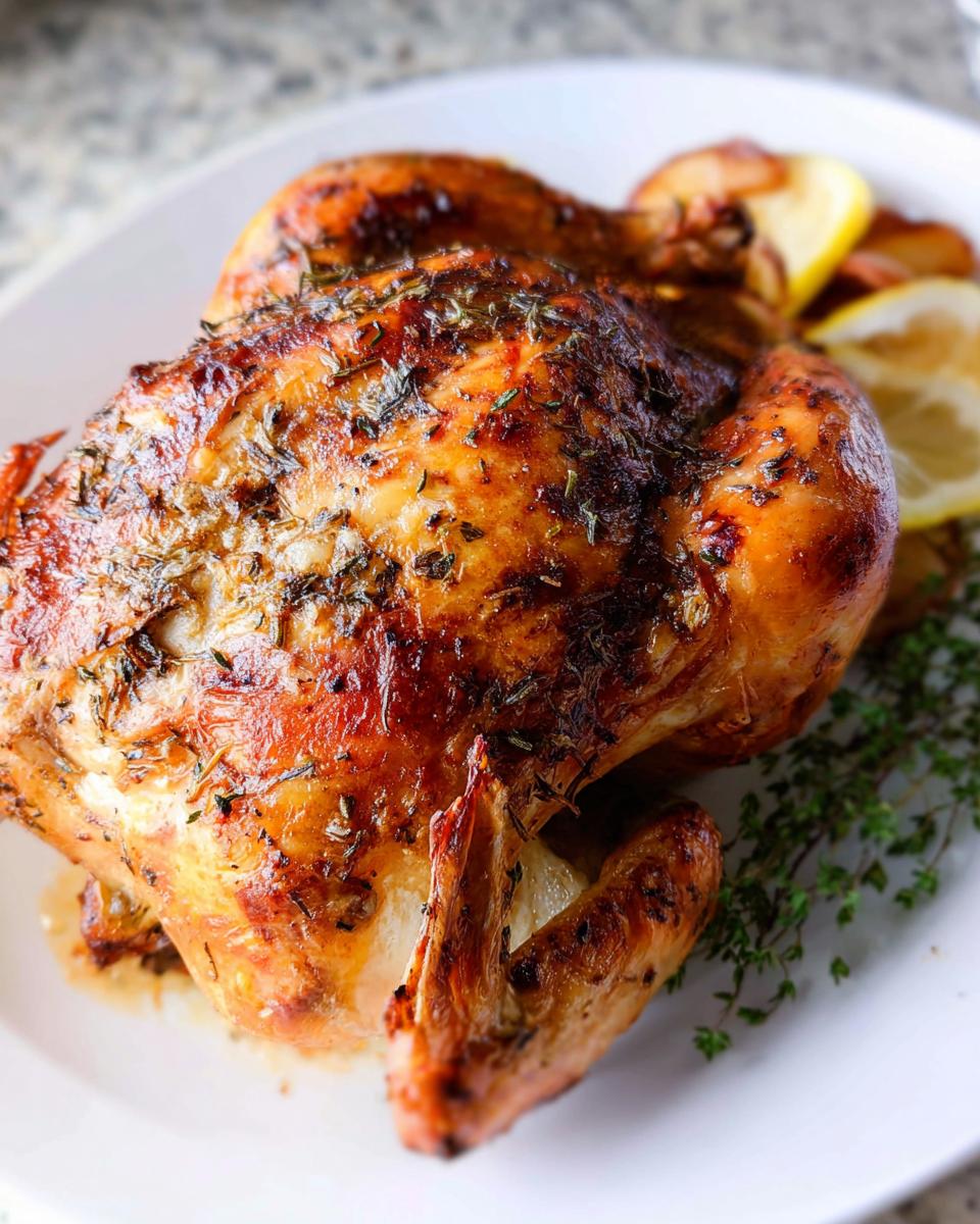 A beautifully browned Lemon Herb Whole Roasted Chicken garnished with fresh thyme and lemon slices on a white plate.
