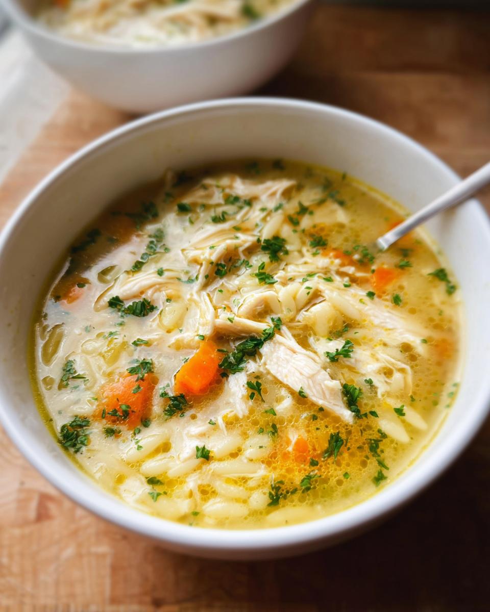 A close-up view of a white bowl filled with hearty Lemon Orzo Chicken Soup, featuring shredded chicken, carrots, and fresh parsley.