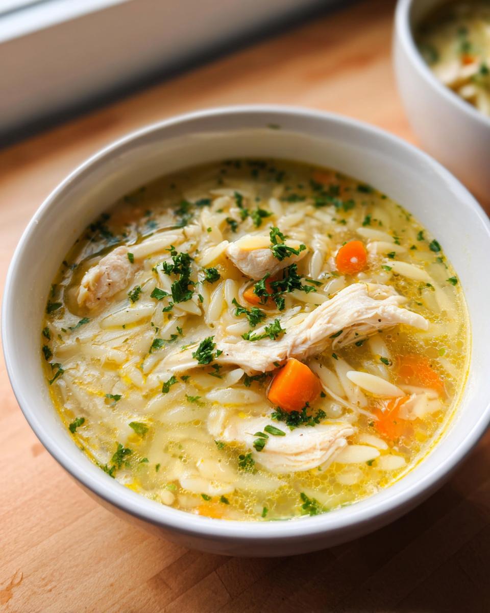Close-up of a white bowl filled with Lemon Orzo Chicken Soup, featuring shredded chicken, carrots, and parsley.