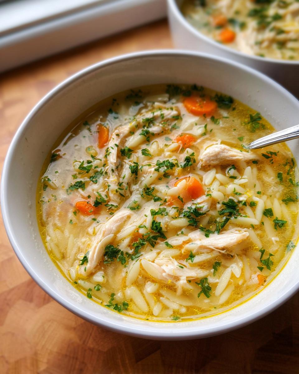 Close-up of a white bowl filled with comforting Lemon Orzo Chicken Soup, featuring shredded chicken, orzo pasta, carrots, and fresh parsley.
