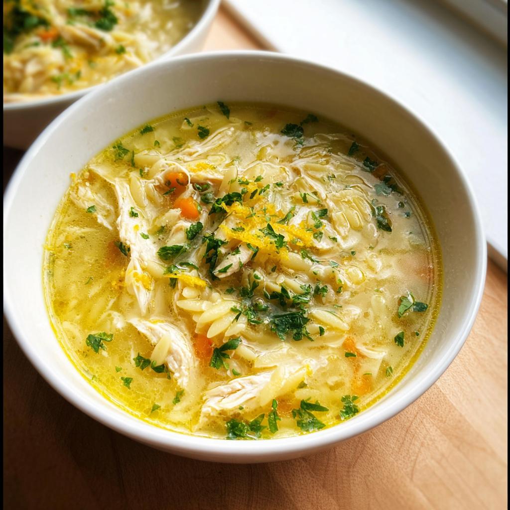 A close-up bowl of bright yellow Lemon Orzo Chicken Soup, garnished with fresh parsley and lemon zest.
