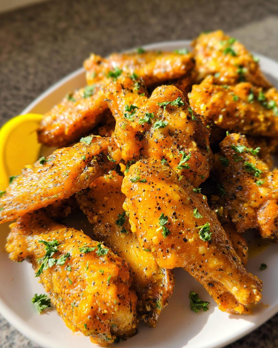 A close-up of golden, glossy Lemon Pepper Butter Chicken Wings seasoned heavily with black pepper and garnished with fresh parsley.