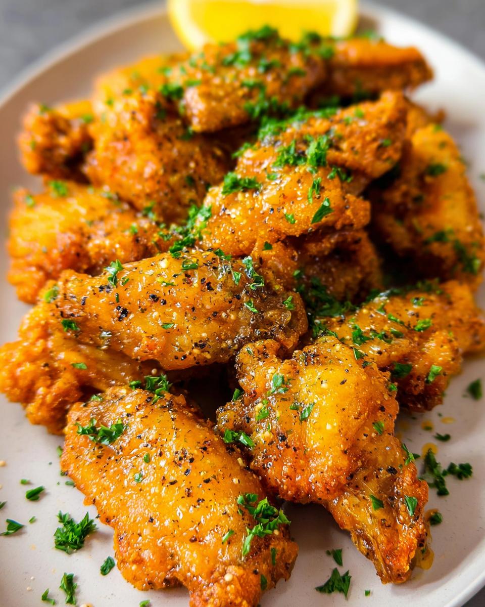Close-up of crispy Lemon Pepper Butter Chicken Wings coated in sauce and sprinkled with fresh parsley.
