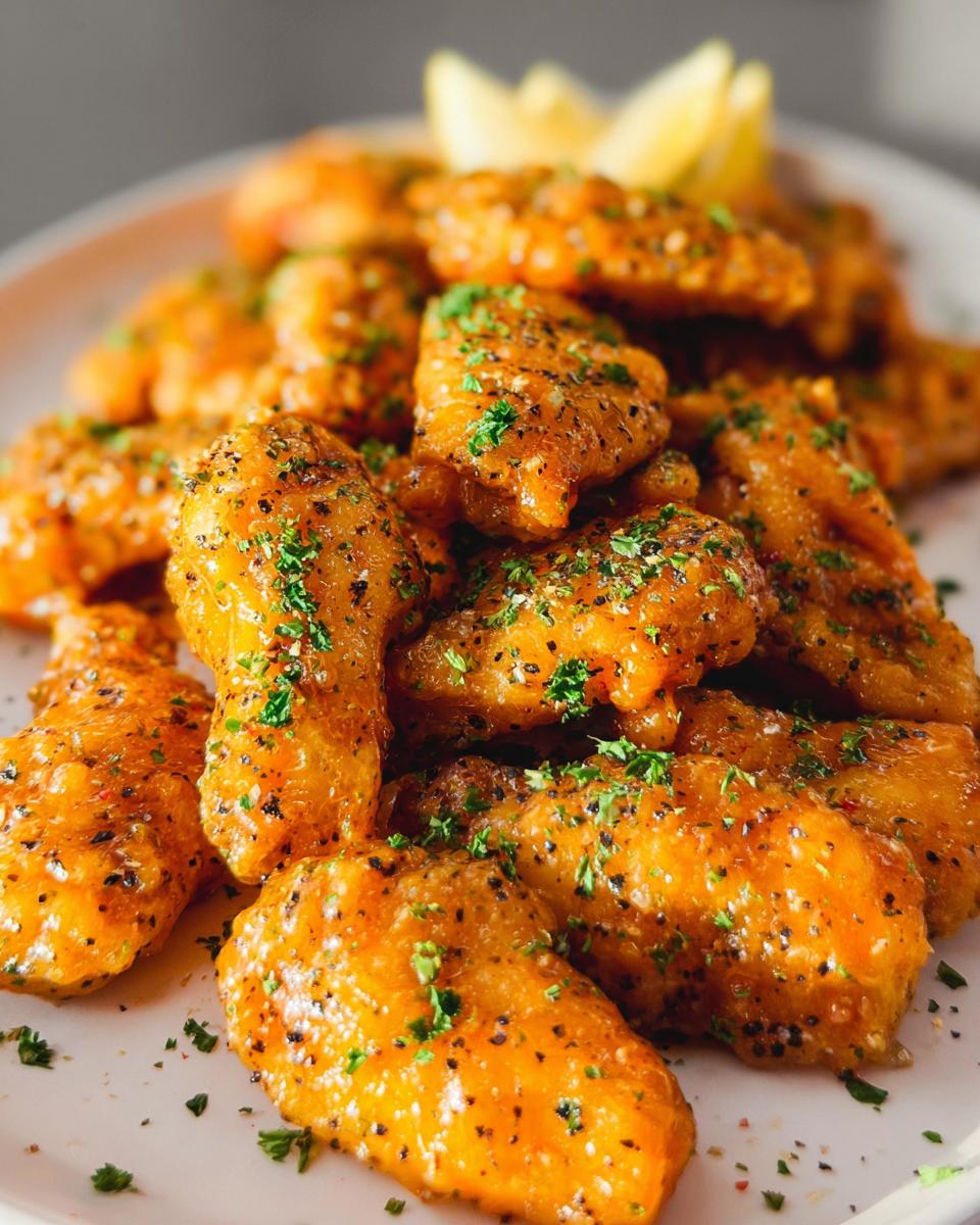 Close-up of glistening Lemon Pepper Butter Chicken Wings piled high on a white plate, garnished with parsley.