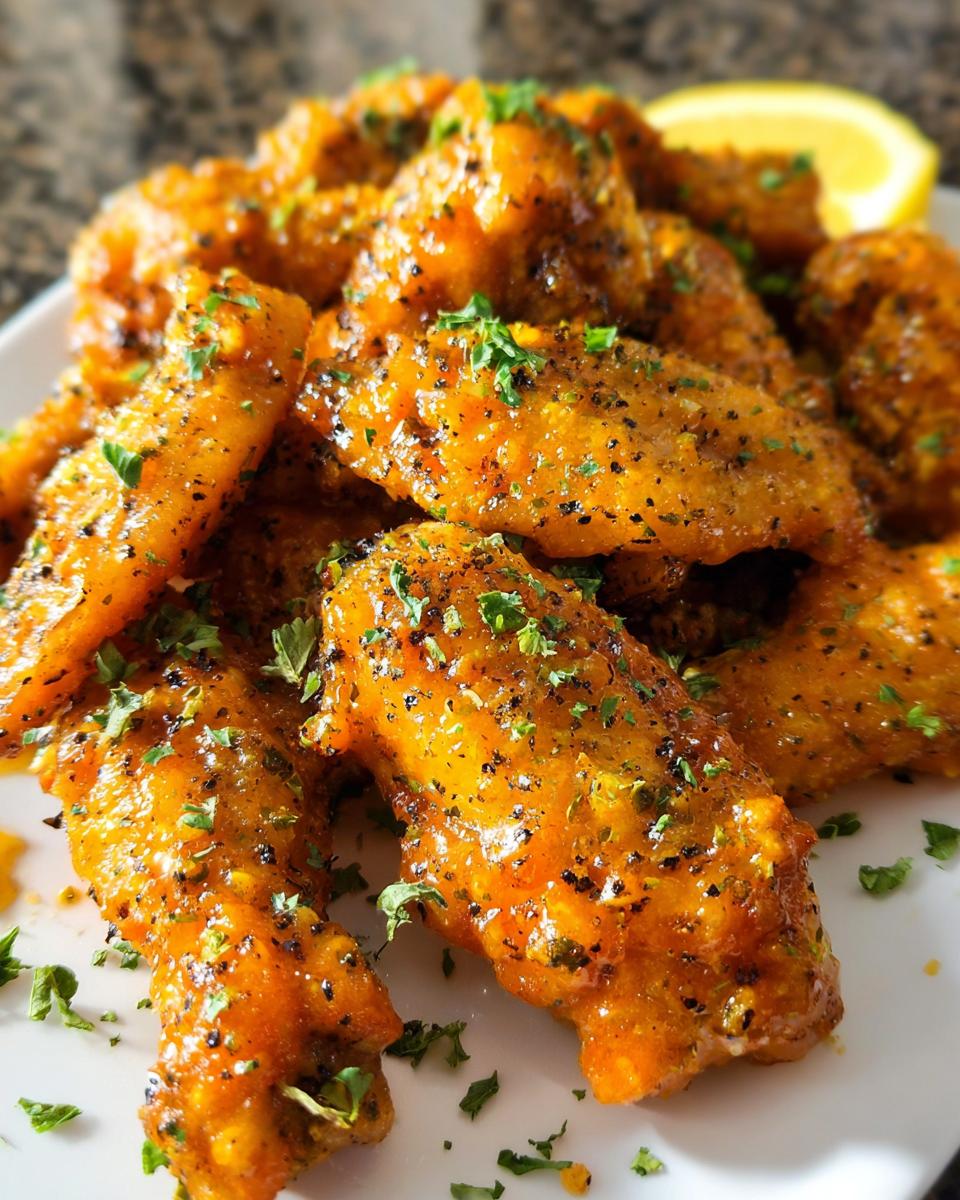 Close-up of glossy Lemon Pepper Butter Chicken Wings coated in sauce and sprinkled with parsley.