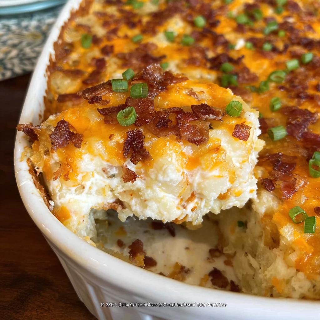 A spoonful of creamy Loaded Baked Potato Casserole topped with melted cheddar cheese, bacon bits, and green onions.