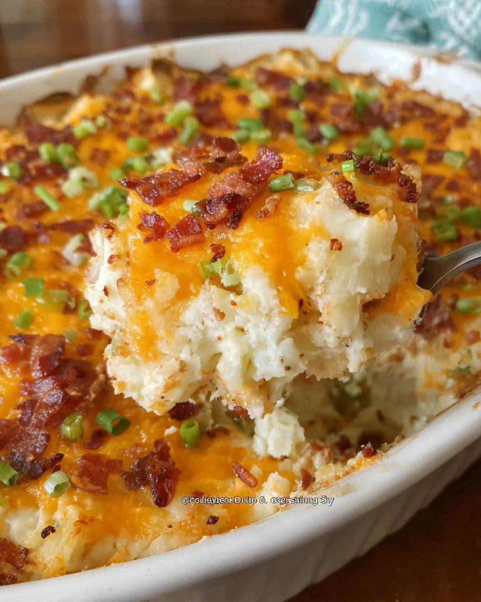 A spoonful of creamy Loaded Baked Potato Casserole topped with melted cheddar cheese, bacon bits, and green onions.