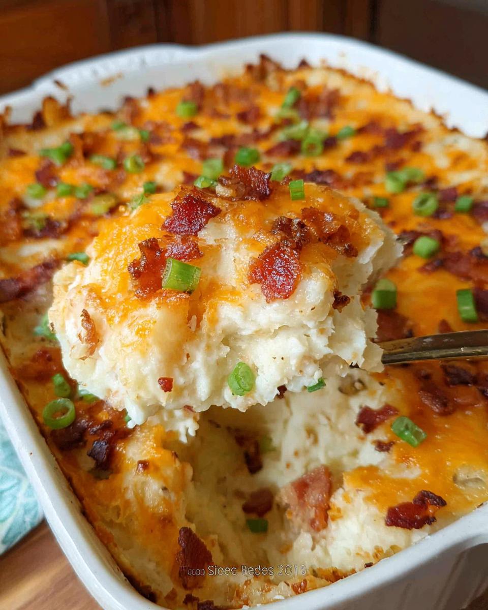 A spoonful of creamy Loaded Baked Potato Casserole topped with melted cheddar cheese, bacon bits, and green onions.